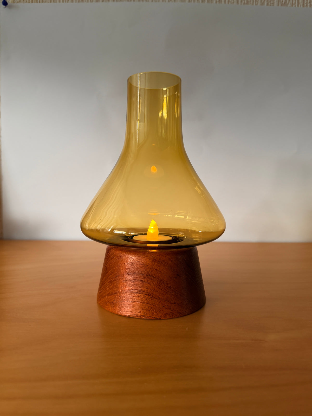 Teak and Glass Candle Holder / Karl Holmeberg / Yellow Green