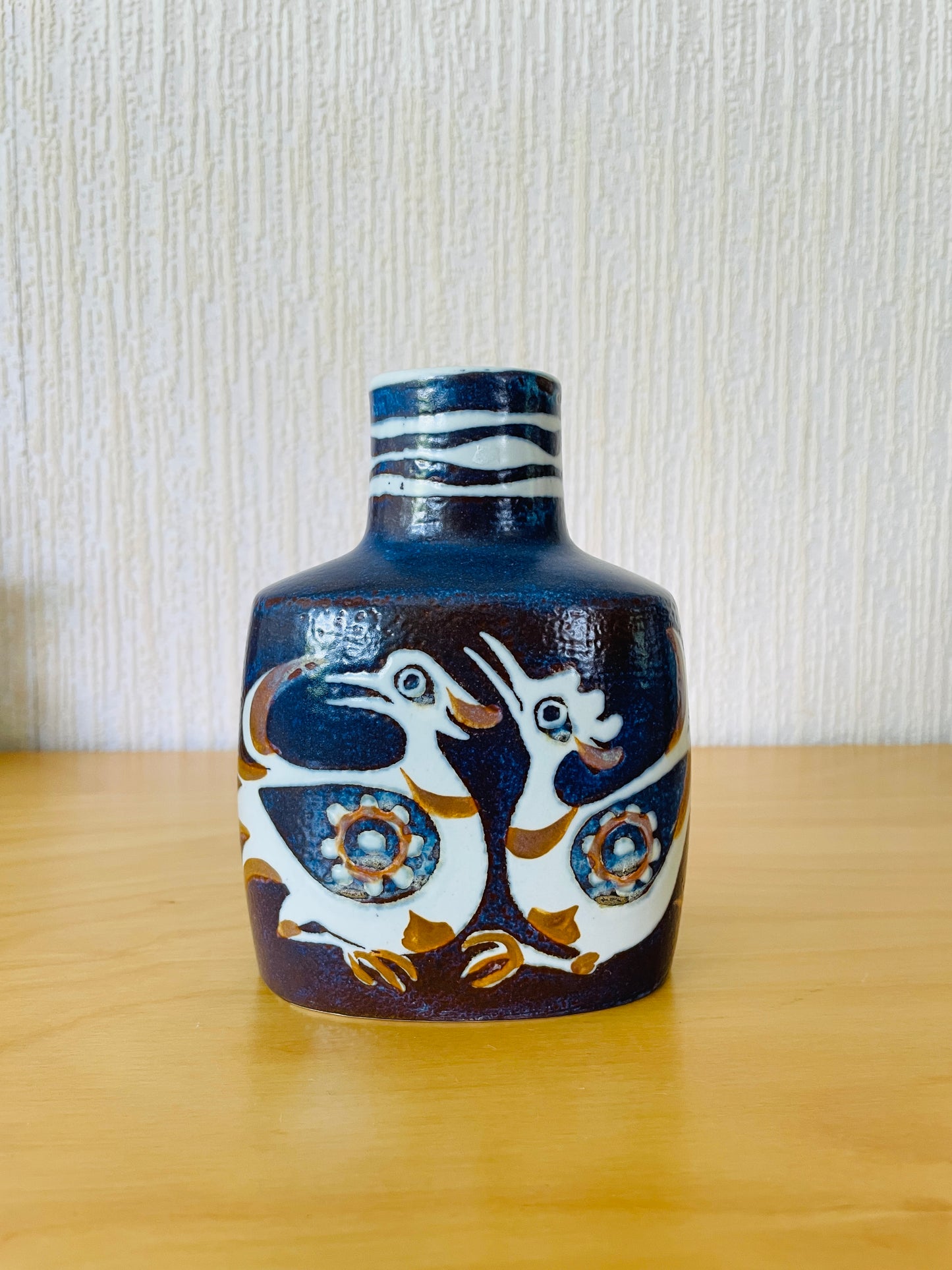 Royal Copenhagen/ロイヤルコペンハーゲン/フラワーベース/Faijance/フアイアンス/Nils Thorsson/ニルス. トーソン/Baca/バッカシリーズ/ブルーに鳥柄