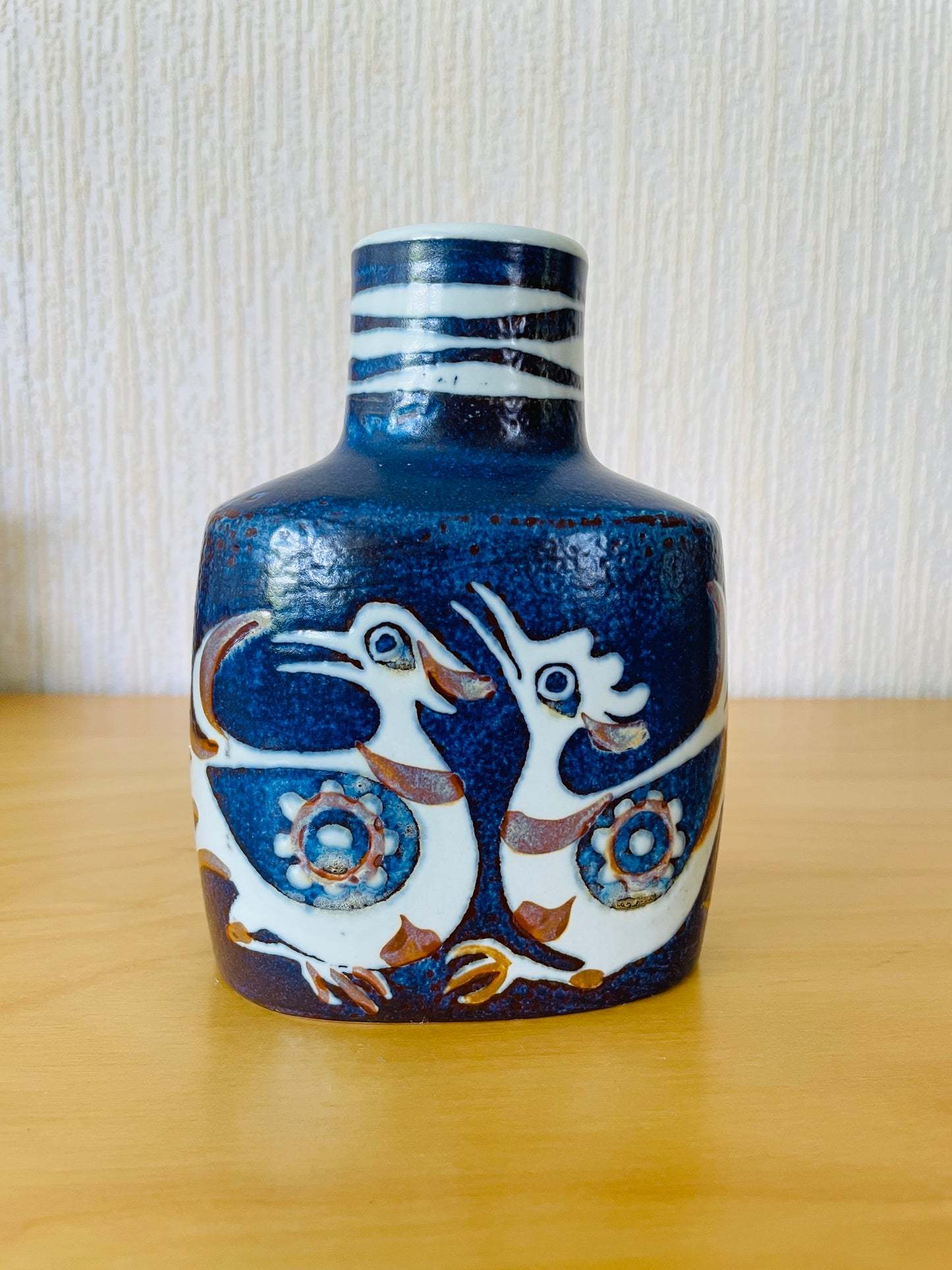 Royal Copenhagen/ロイヤルコペンハーゲン/フラワーベース/Faijance/フアイアンス/Nils Thorsson/ニルス. トーソン/Baca/バッカシリーズ/ブルーに鳥柄