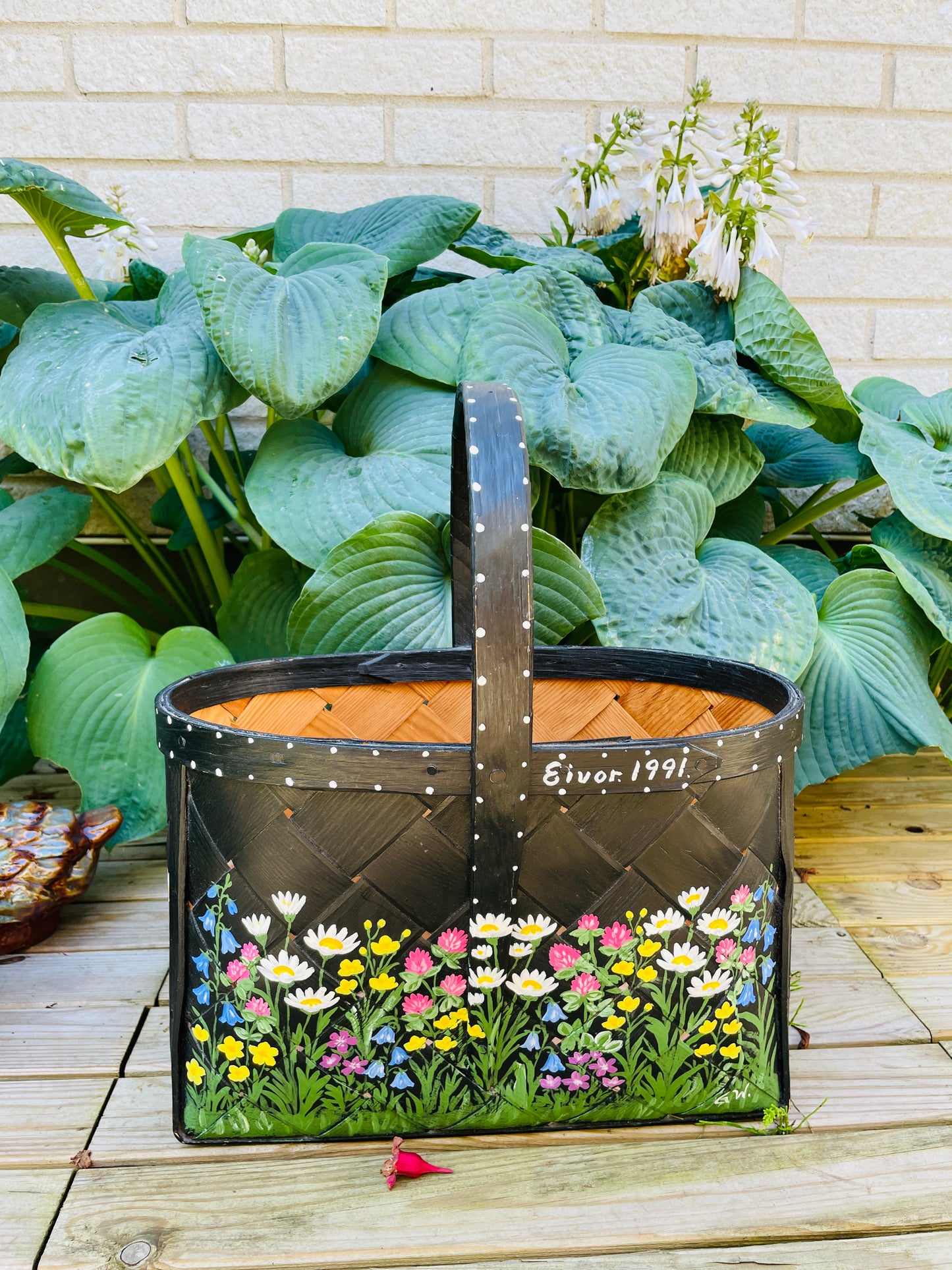 北欧伝統手工芸/Spånkorg/スポンコリ/ハンドペイント/北欧の夏の野原いっぱいのお花/XLサイズ