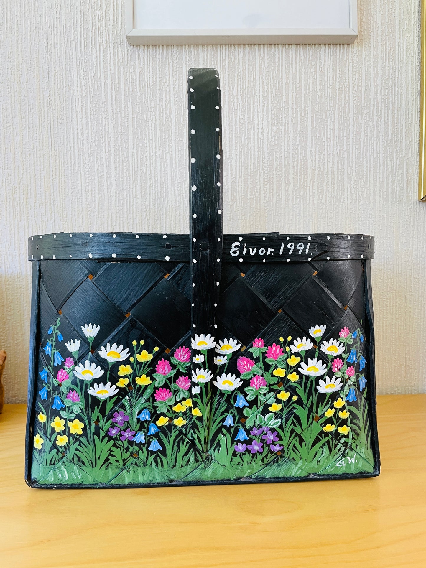 北欧伝統手工芸/Spånkorg/スポンコリ/ハンドペイント/北欧の夏の野原いっぱいのお花/XLサイズ