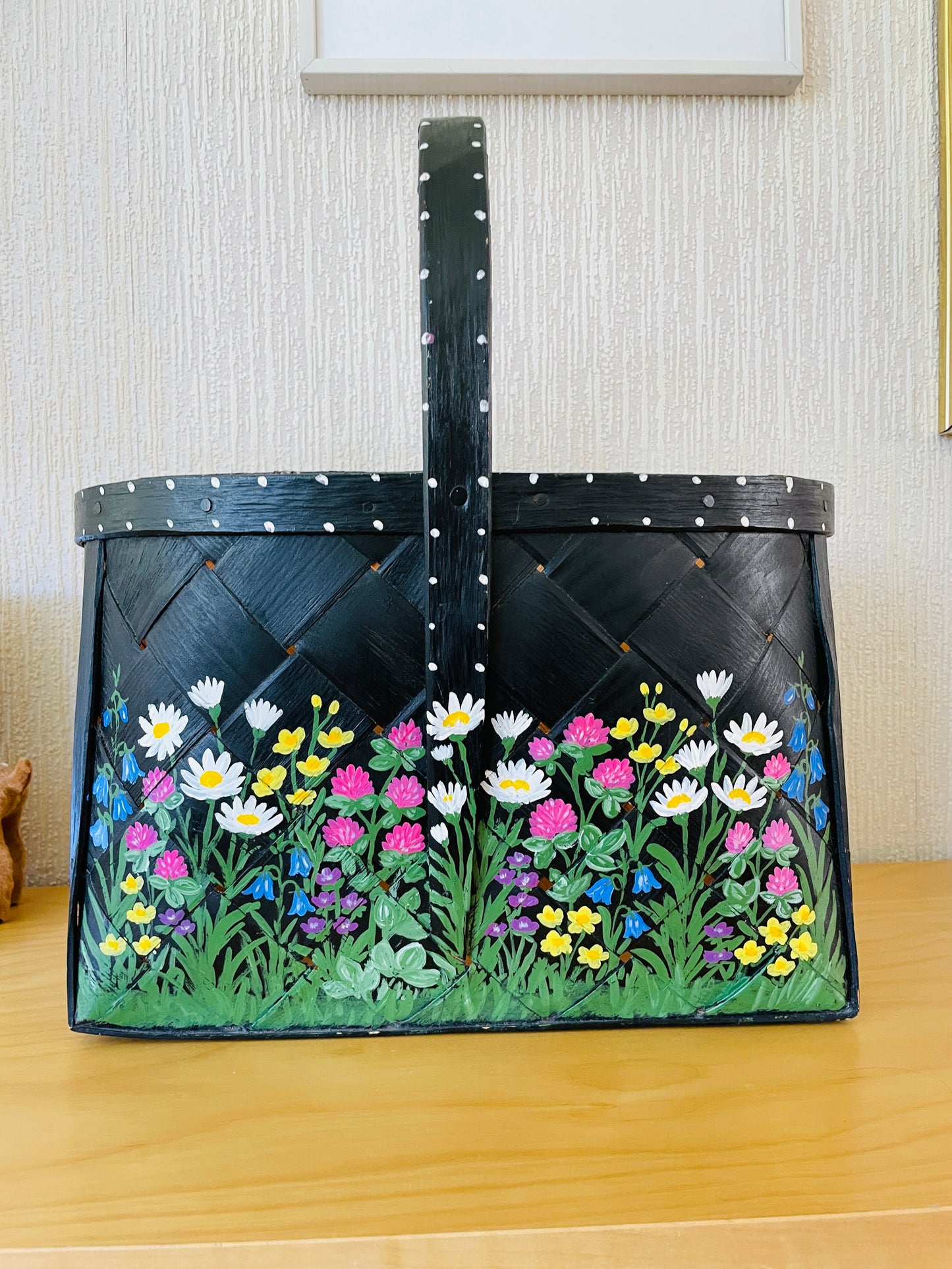 北欧伝統手工芸/Spånkorg/スポンコリ/ハンドペイント/北欧の夏の野原いっぱいのお花/XLサイズ
