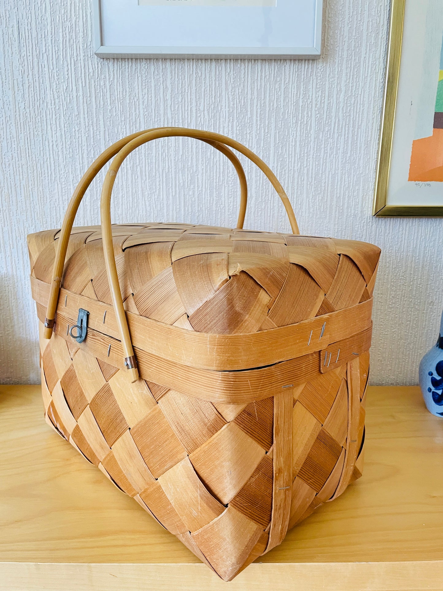 北欧伝統手工芸/Spånkorg/スポンコリ/両ハンドル付き蓋付きカゴ/XLサイズ/ナチュラル