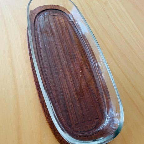 チークとガラスのオーバル型ディッシュトレイ