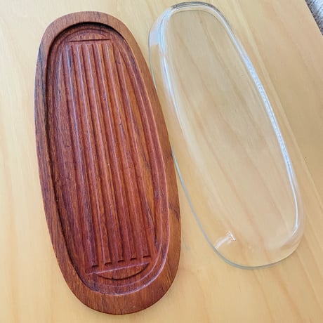 チークとガラスのオーバル型ディッシュトレイ