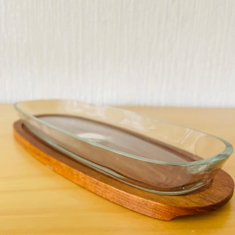 チークとガラスのオーバル型ディッシュトレイ