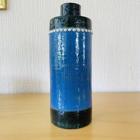 Rörstrand/ロールストランド/Ateljé/アトリエメイド/Sylvia Leuchovius/シルビア.レウショヴィウス/青と緑に白いドット/花器/縦長