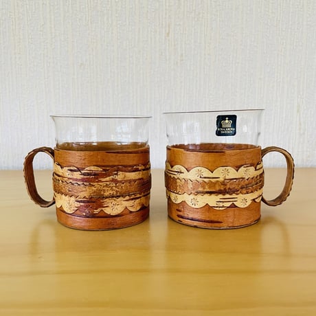 Royal Krona/ローヤルクローナ/北欧伝統手工芸/Näver/ヴィンテージガラスのマグカップ/白樺細工のグラスホルダー/2個セット