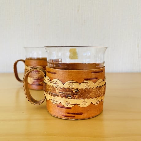 Royal Krona/ローヤルクローナ/北欧伝統手工芸/Näver/ヴィンテージガラスのマグカップ/白樺細工のグラスホルダー/2個セット