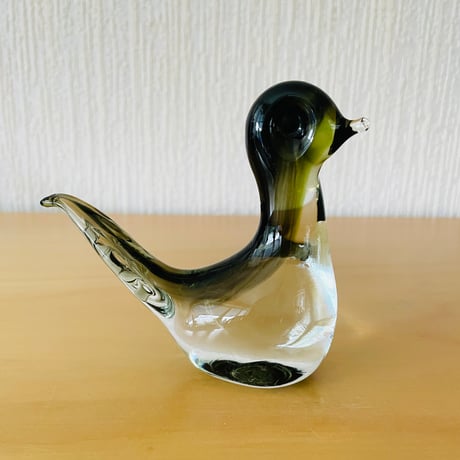 北欧ヴィンテージ/クリスタルガラスの小鳥/クリアxダークグリーン