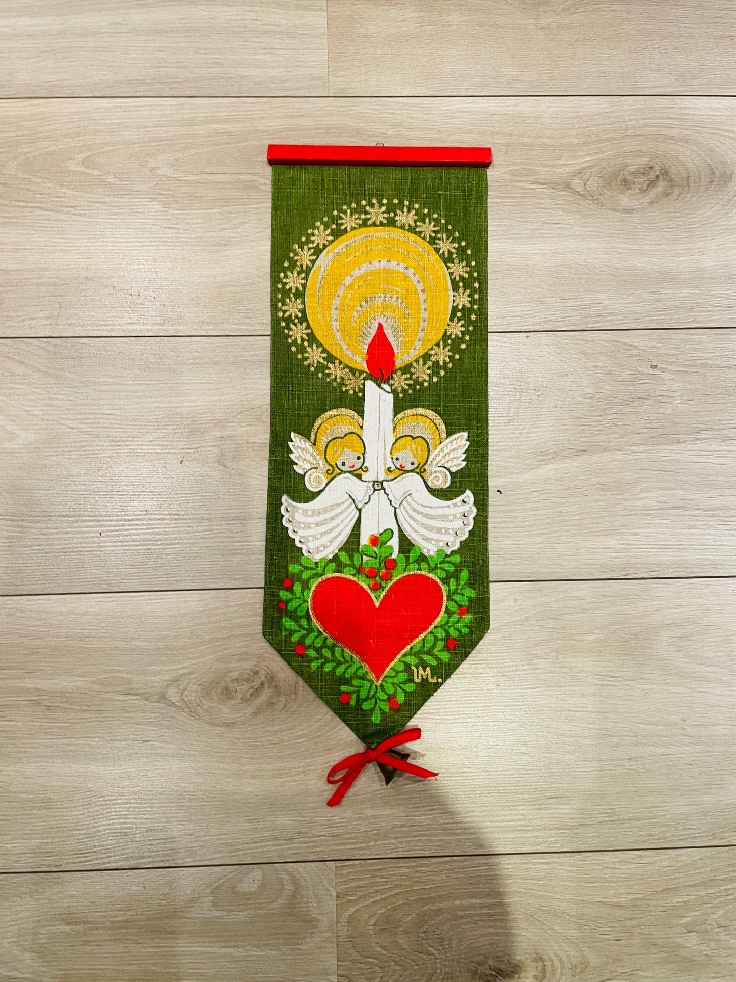 北欧のクリスマス/ヴィンテージ/タペストリーエンジェルとキャンドルとハート/ベル付き