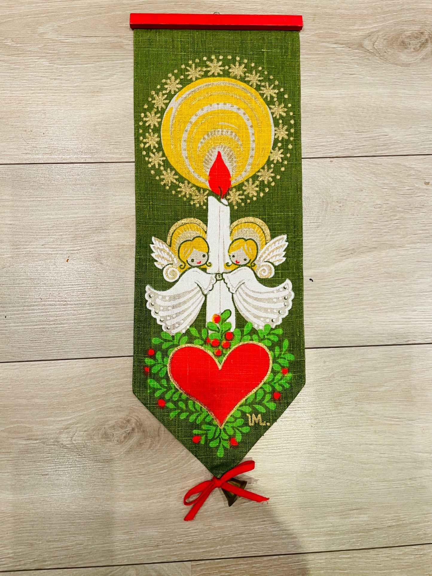 北欧のクリスマス/ヴィンテージ/タペストリーエンジェルとキャンドルとハート/ベル付き