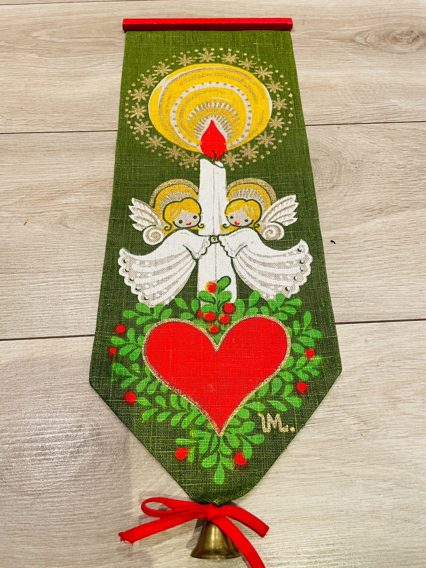 北欧のクリスマス/ヴィンテージ/タペストリーエンジェルとキャンドルとハート/ベル付き