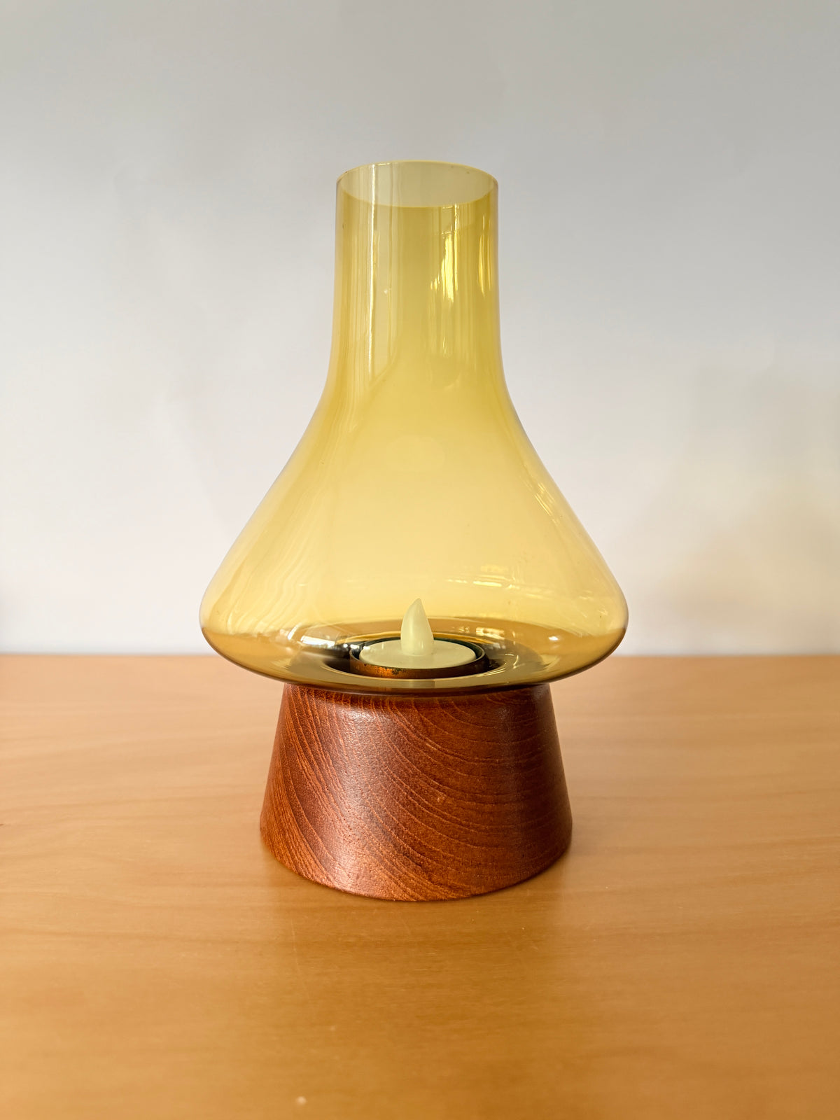 Teak and Glass Candle Holder / Karl Holmeberg / Yellow Green