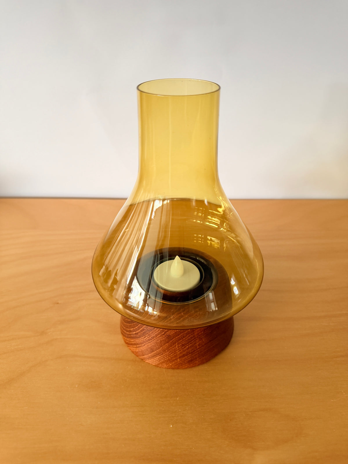 Teak and Glass Candle Holder / Karl Holmeberg / Yellow Green