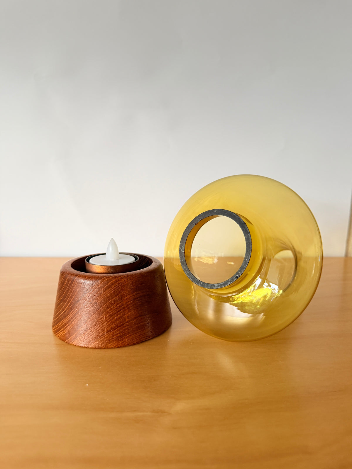 Teak and Glass Candle Holder / Karl Holmeberg / Yellow Green
