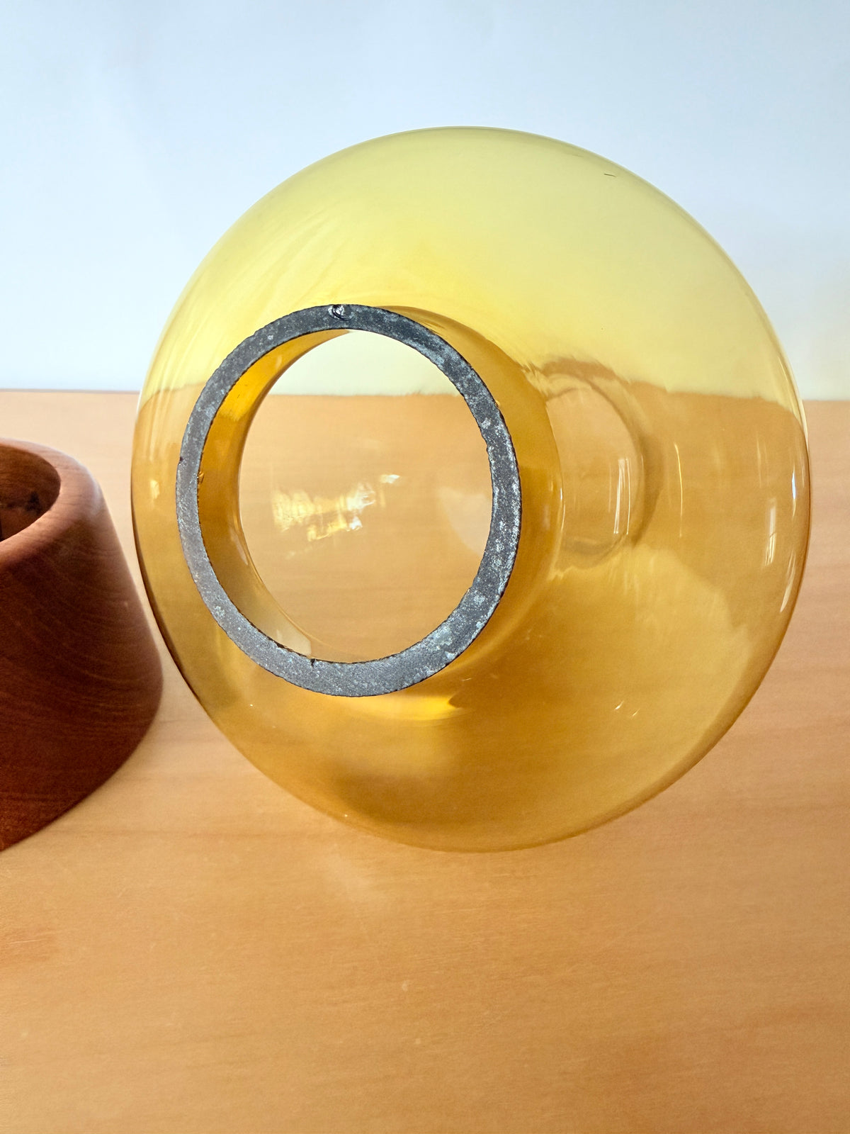 Teak and Glass Candle Holder / Karl Holmeberg / Yellow Green