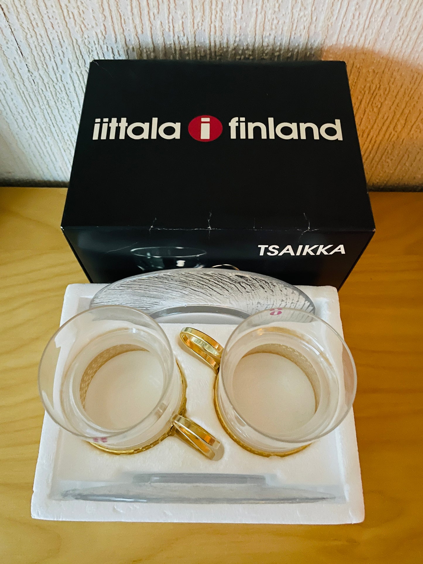 iittala/イッタラ/Tsaikka/ツァイッカ/glas med fat/Guld/klar x guld/oanvänd i originalförpackning/2-pack