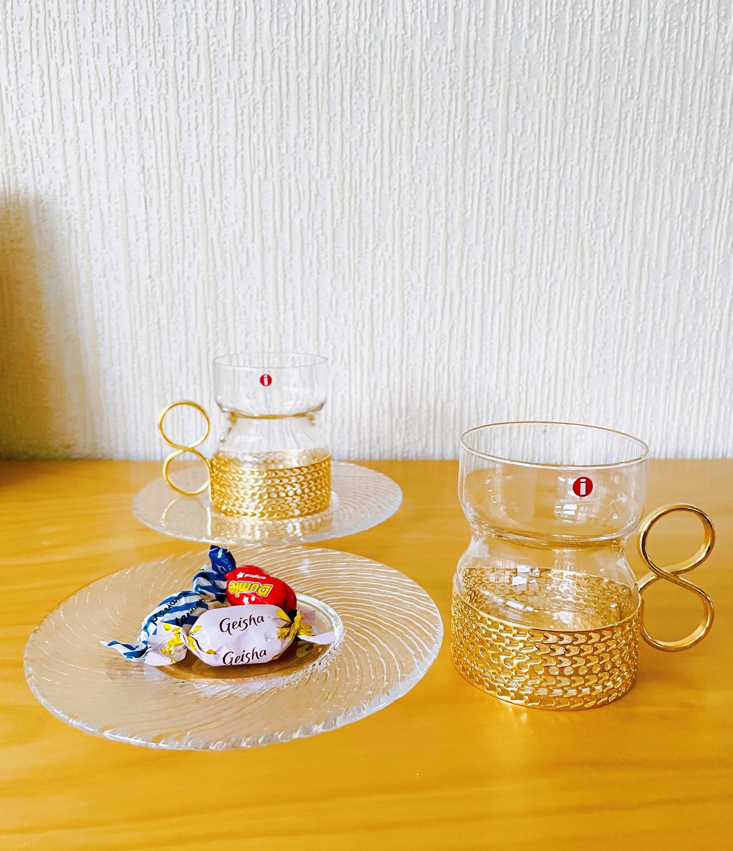 iittala/イッタラ/Tsaikka/ツァイッカ/glas med fat/Guld/klar x guld/oanvänd i originalförpackning/2-pack