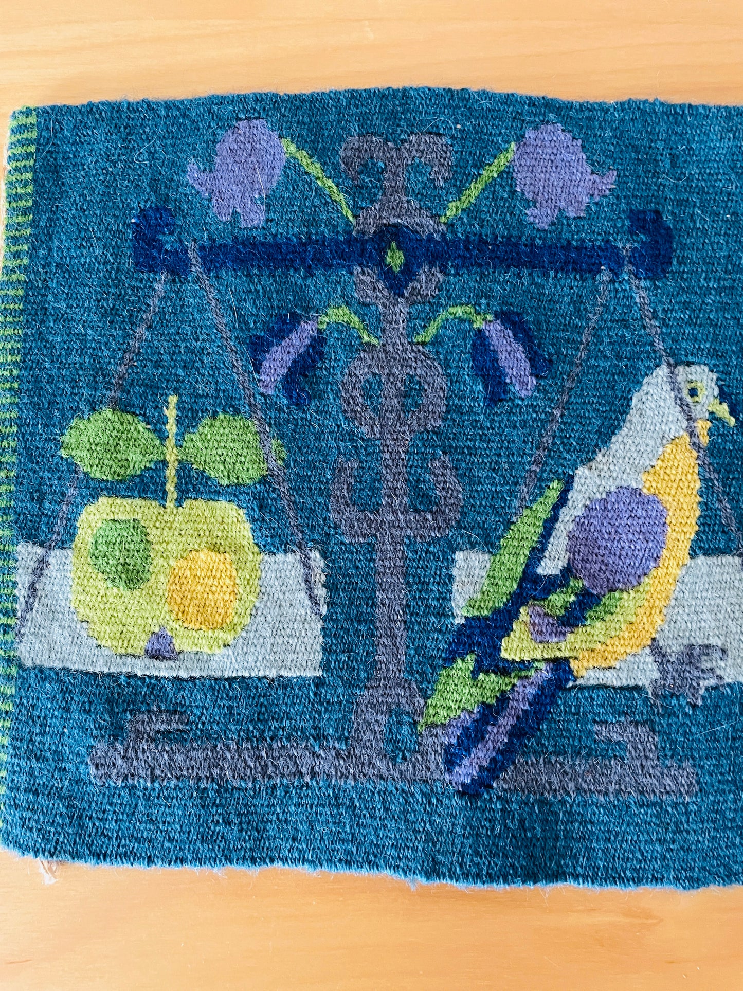 Traditional Scandinavian Handicraft / Flamskvävd / Flemish Weave / Tapestry / Apple, Parakeet, and Scales