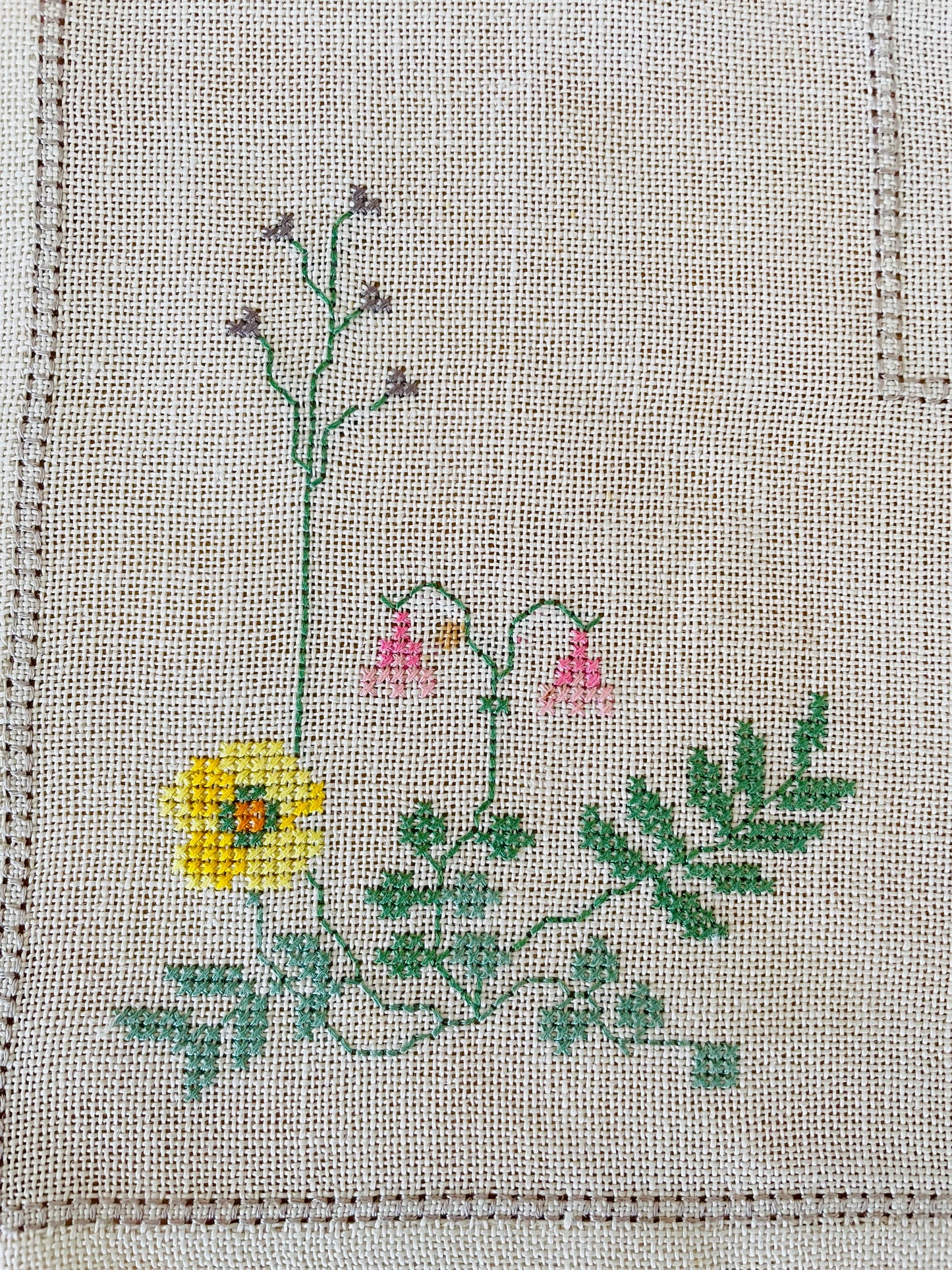 Scandinavian Handicraft Vintage / Embroidery / Nordic Flowers / Linen / 40cm x 40cm