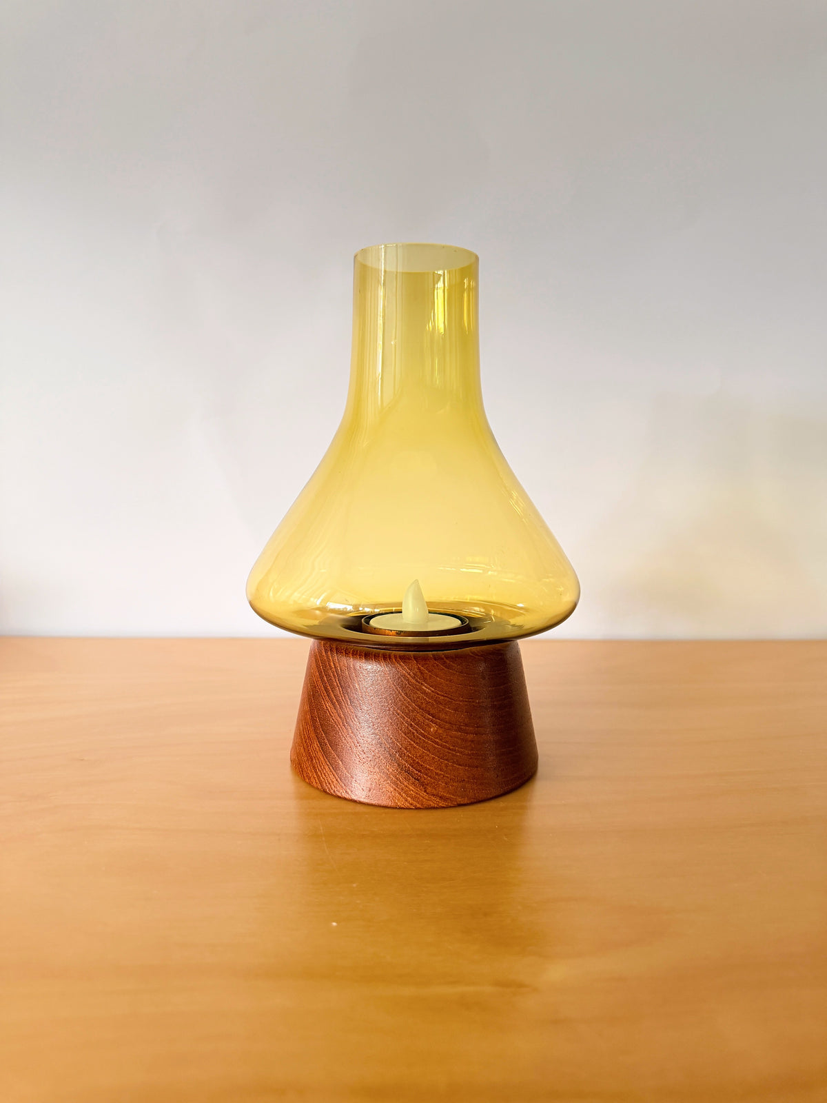 Teak and Glass Candle Holder / Karl Holmeberg / Yellow Green