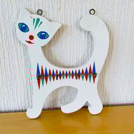 北欧ヴィンテージ/レトロ可愛いネコの鍵掛けボード/白ネコちゃん