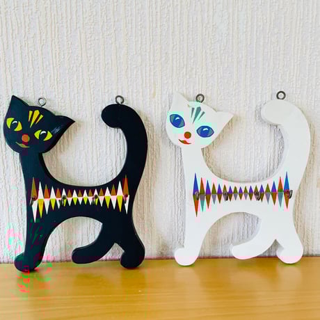 北欧ヴィンテージ/レトロ可愛いネコの鍵掛けボード/白ネコちゃん